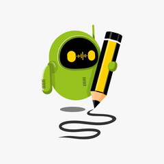 Illustration of a little robot carrying a pencil.