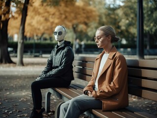 Moderne mensch und roboter in beziehung im park, generative AI. - obrazy, fototapety, plakaty