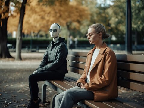 Moderne mensch und roboter in beziehung im park, generative AI.