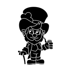 Black and White Cartoon Illustration Vector of an Irish Leprechaun with a Walking Cane and Tobacco Pipe