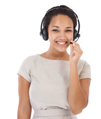 Call center, portrait and happy woman isolated on transparent, png background agent, consultant or...