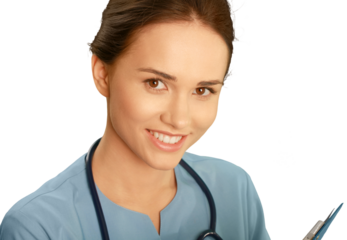 Female healthcare professional wearing scrubs and carrying a clipboard