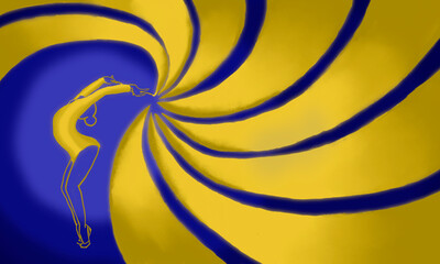 The silhouette of a rhythmic gymnast who will stand back. Rays come from a stick with a ribbon. Yellow on a blue background