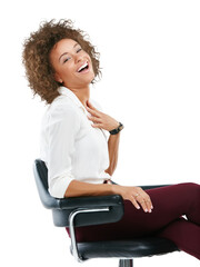 A Business woman, smile and laughing in chair while sitting. Portrait of isolated happy female...