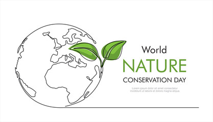 World nature conservation day. Single continuous one line art growing sprout. Plant leaves grow planet Earth seedling eco natural concept design sketch drawing vector illustration art