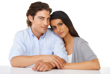 Romance, love and portrait of couple holding hands on isolated, png and transparent background. Relationship, marriage and face of man and woman support, trust and bonding for care and partnership