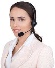 Close-up portrait of young businesswoman with headphones isolated on white background