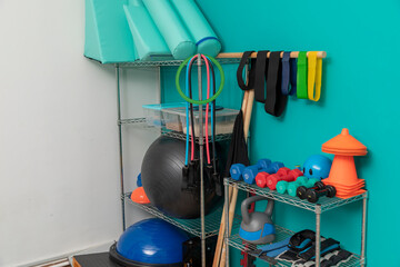 Leagues, dumbbells, balls, jump ropes and other equipment for physical rehabilitation exercises