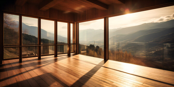 an area with a wooden deck overlooking mountains in the background,
