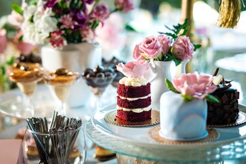 Delicious and tasty dessert table with cupcakes, mousses, and chocolates