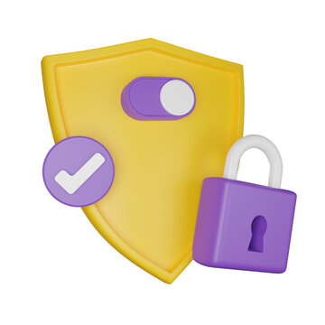 3D shield secure icon, lock authentication password render concept, secret personal data protection. Antivirus badge, internet fraud security safe clipart, VPN slider button. 3D shield padlock design