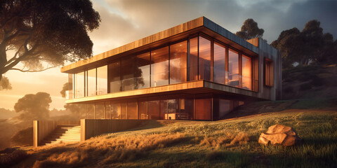 a modern house is on a hill in front of a building