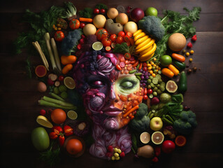 Fototapeta na wymiar Human face head made of vegetables showing green healthy vegetarian vegan lifestyle, with dark background, Illustration, generative AI