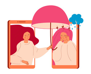 Online psychology help. Sad, crying woman with long hair. Panic attack of woman concept vector. Doctor of psychiatry taking umbrella and protect from rain.