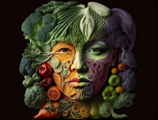 Human face head made of vegetables showing green healthy vegetarian vegan lifestyle, with dark background, Illustration, generative AI - obrazy, fototapety, plakaty