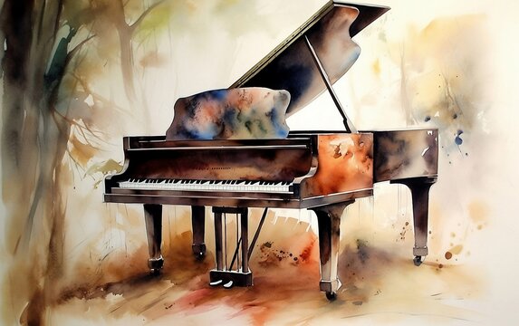 Grand piano and keys watercolor illustration. Generative AI technology.