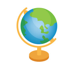 Concept School supplies education globe geography. The illustration is a flat, vector cartoon design of a globe, representing the concept of education and school supplies. Vector illustration.
