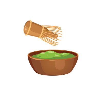 Concept Matcha cooking tools. The illustration depicts a collection of cooking tools with a matcha theme. The design is flat, vector, and cartoon-like, with a white background. Vector illustration.