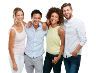 Diversity, people and friends laughing while standing together in friendship or community. Portrait of happy diverse group smiling with hug for community on isolated on a transparent png background