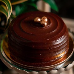 Delicious chocolate cake in golden plate in decorated table