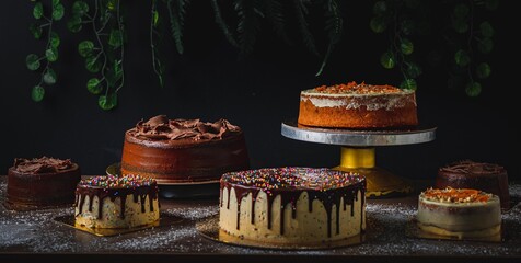 Delicious different kinds of cakes in sweet table with coated sugar