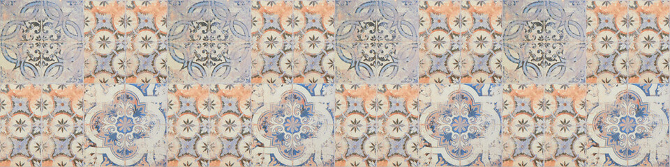 Old black beige blue vintage worn geometric arabesque shabby mosaic ornate patchwork porcelain stoneware tiles stone concrete cement wall texture background panorama seamless