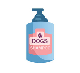 Concept Pet dog shampoo bath. The illustration is a flat, vector design concept of a cartoon shampoo bottle for dogs, with a label that reads 