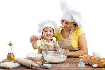 The beautiful young mother and her little daughter cooking