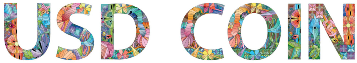 USD Coin is a digital stablecoin pegged to the United States dollar. Vector decorative zentangle object. Hand-painted art design