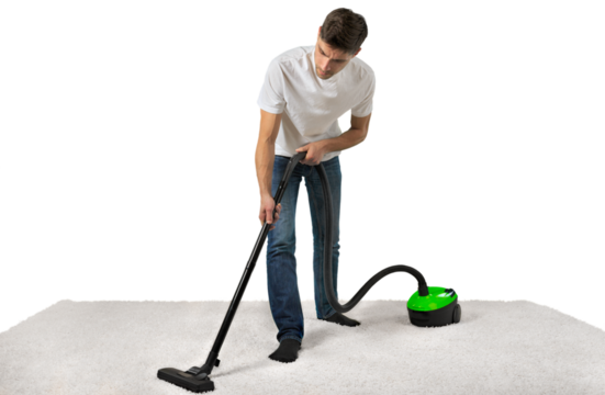 Man with vacuum cleaner isolated on white background