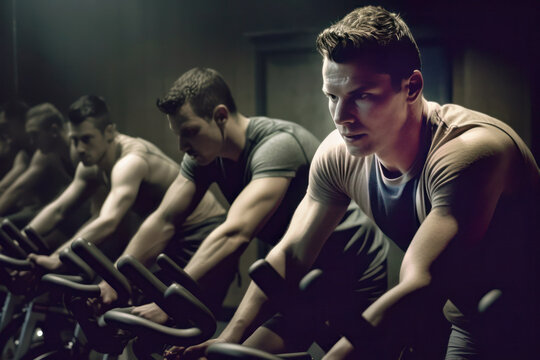 Crowd of men training on exercise bikes at the gym, Generative AI
