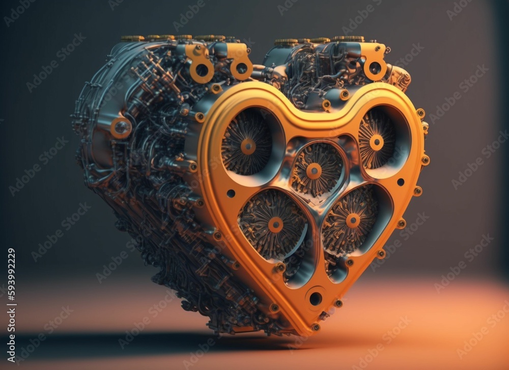 Poster 3d rendering of a metallic heart with gears against a gray background