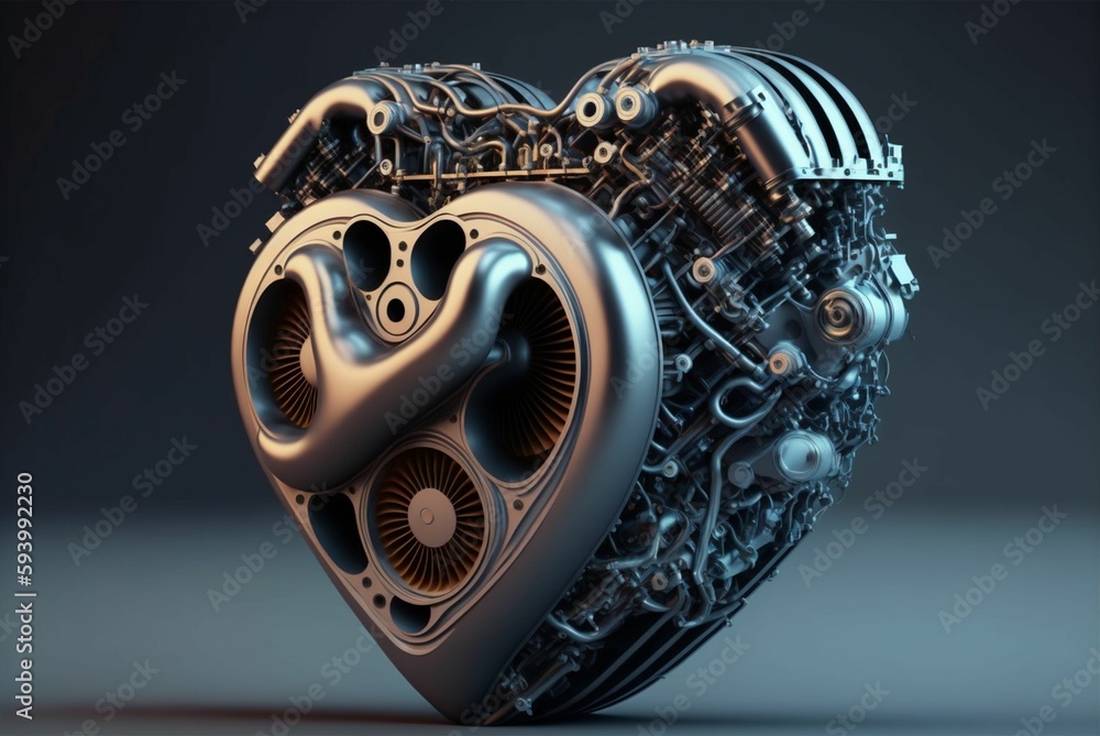 Poster 3d rendering of a metallic heart with gears against a gray background