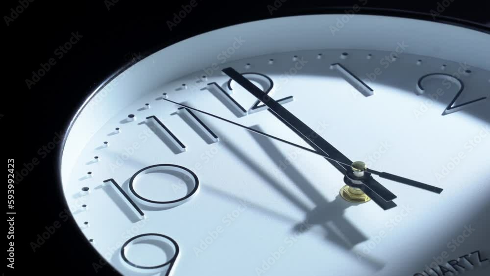Poster analog clock with fast passing time isolated on black background