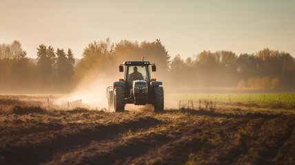 Fototapeta premium farmer man plowing a field with a tractor at the morning