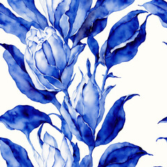 Blue Watercolor Seamless Flowers, Floral Porcelain, Blooms