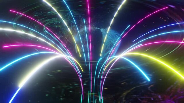 3d rendered animation of colorful stylized bending spacetime wormhole