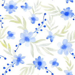 Blue watercolor flowers and leaves seamless pattern. Hand drawn abstract floral endless background for fabric and wallpaper.