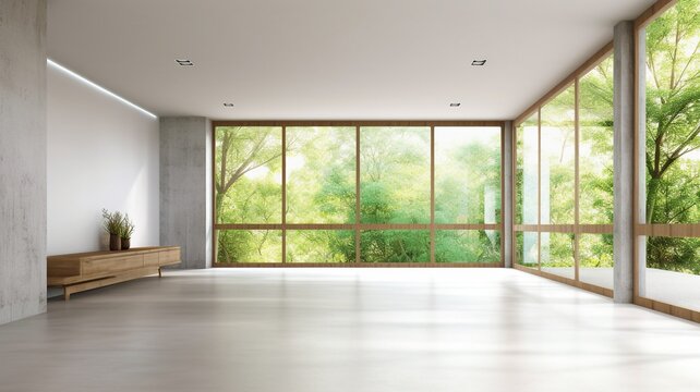 contemporary empty room with a view of nature 3D rendering of the room with the living room in the background shows concrete floors. The room also gets sunlight.The Generative AI