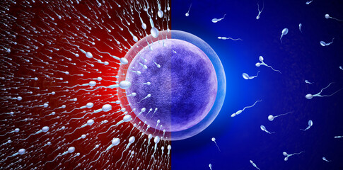 Male Infertility and reproduction concept as healthy or abnormal microscopic sperm or spermatozoa cells swimming to an egg cell to fertilize and create a pregnancy as a urology symbol  - obrazy, fototapety, plakaty