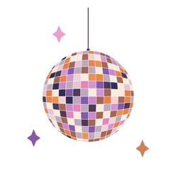 Isolated vector illustration in groovy style: multicolor disco ball. Retro elements with 70s and 80s vibes is perfect for stickers, prints, posters, flyers, gift decoration
