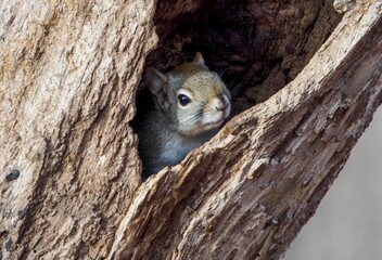 Closeup shot of a cute brown squirrel hiding in a hole in a tree trunk