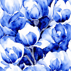 Blue Watercolor Seamless Flowers, Floral Porcelain, Blooms