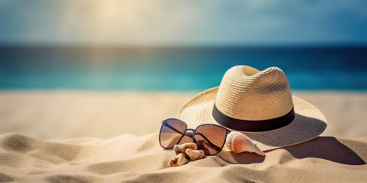 Summer composition on sandy beach with hat, sunglasses and shells, blue sea as background, copy space.  Summer vacation  concept, digital art
