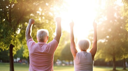 Seniors celebrating a successful yoga session in the park at sunset.