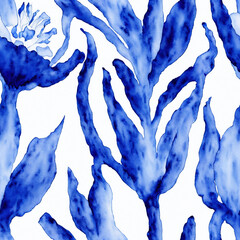 Blue Watercolor Seamless Flowers, Floral Porcelain, Blooms