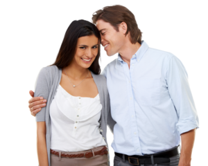 Romance, love and portrait of couple hug with smile on isolated, png and transparent background. Relationship, marriage and happy man and woman hugging, embrace and intimate for valentines day date