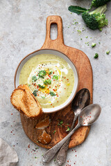 Spring broccoli green cream soup .Healthy food concept	