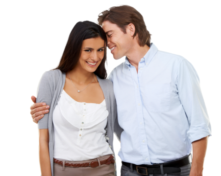 Romance, love and portrait of couple hug with smile on isolated, png and transparent background. Relationship, marriage and happy man and woman hugging, embrace and intimate for valentines day date