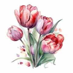 Fototapeta premium Watercolor Tulips Bouquet on White Background. A Stunning Artistic Creation. Generated AI.